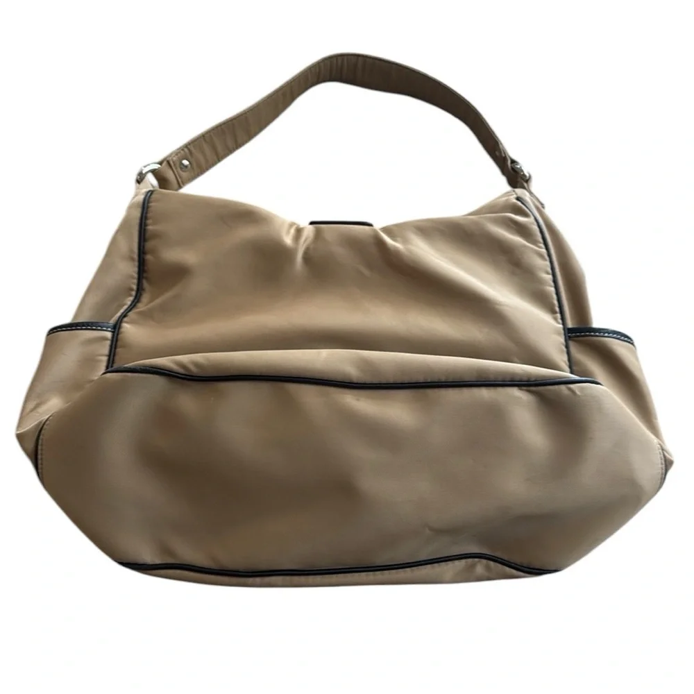 Talbots Tan And Black Trim Nylon And Leather Soft Hobo Bag